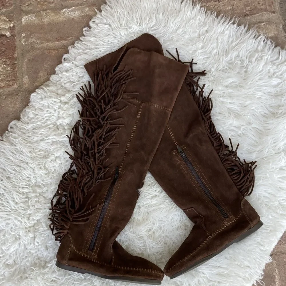 New Minnetonka Tall Leather Suede Brown Fringe Tall Moccasin Boots Size 5